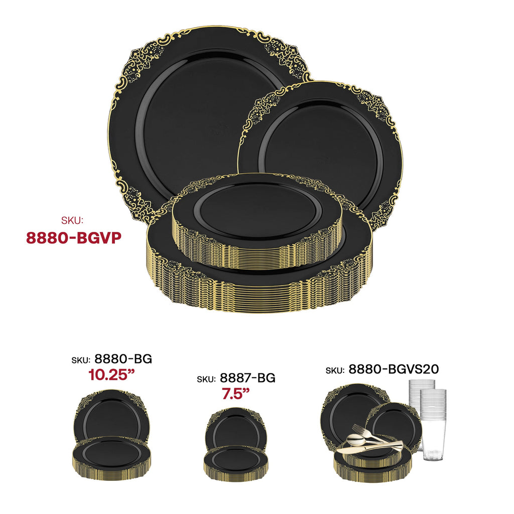 Black with Gold Fancy Round Disposable Plastic Dinnerware Value Set