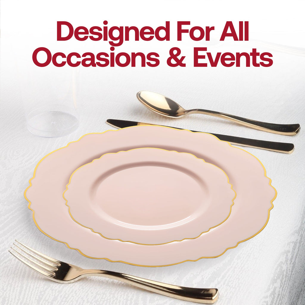 Pink with Gold Rim Round Blossom Disposable Plastic Dinnerware Value Set