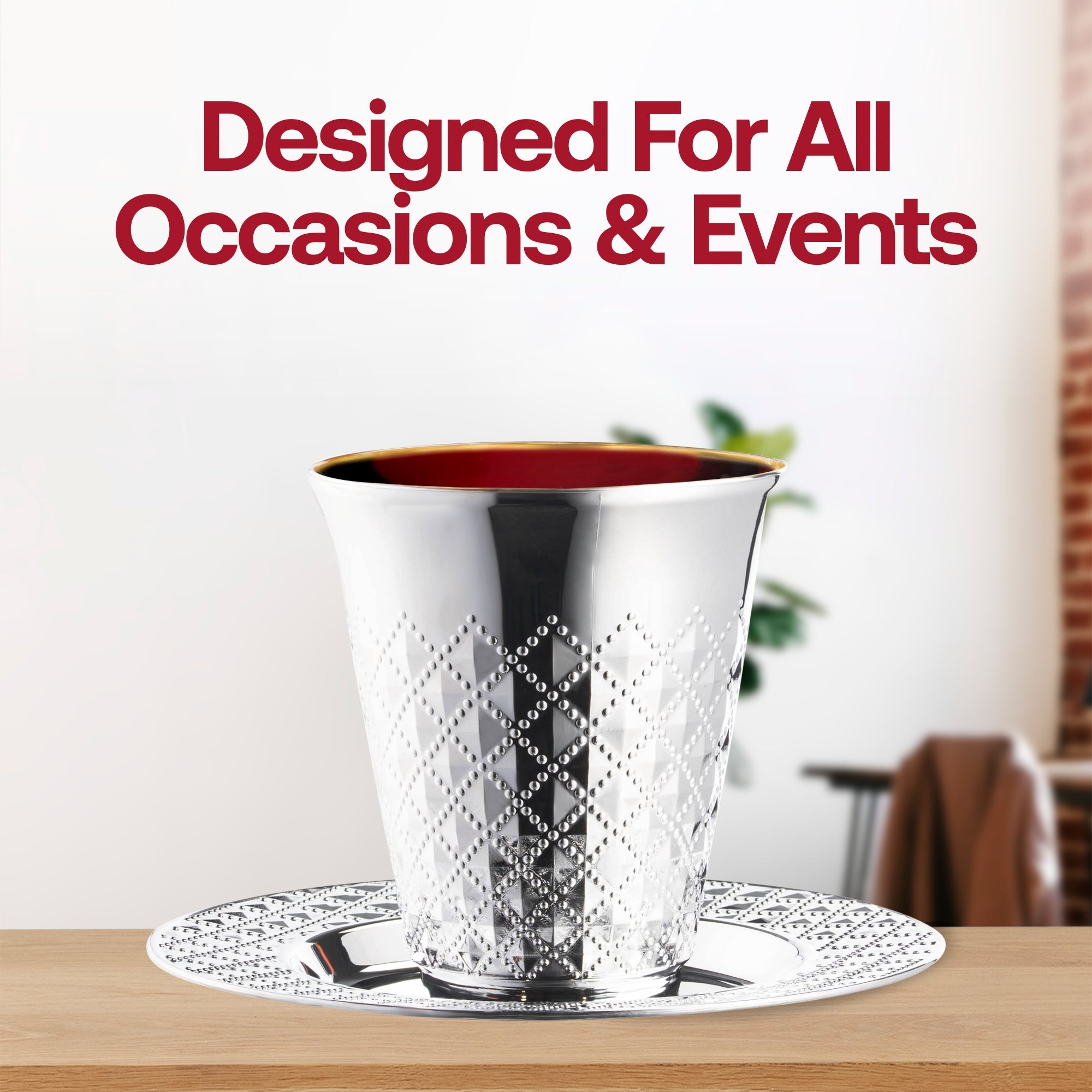 Aluminum Silver Round Plastic Saucers and Kiddush Cup Value Set (Shiny Metallic )