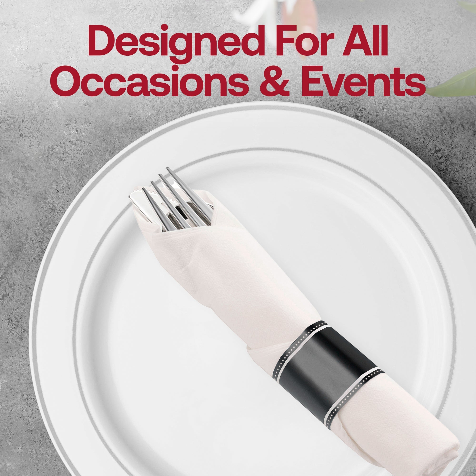 Silver Plastic Cutlery in White Napkin Rolls Set