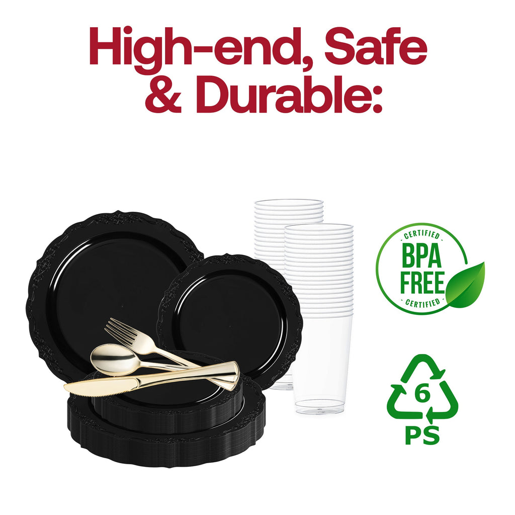 Black Vintage Rim Round Disposable Plastic Wedding Value Set