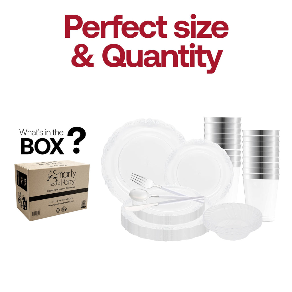 Clear with Silver Vintage Disposable Plastic Tableware Set