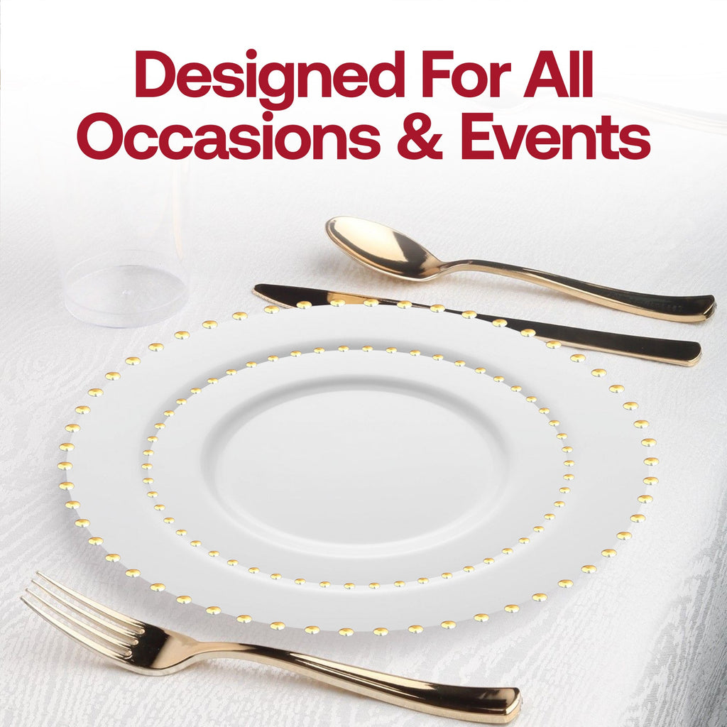 White with Gold Pearl String Round Disposable Plastic Wedding Value Set