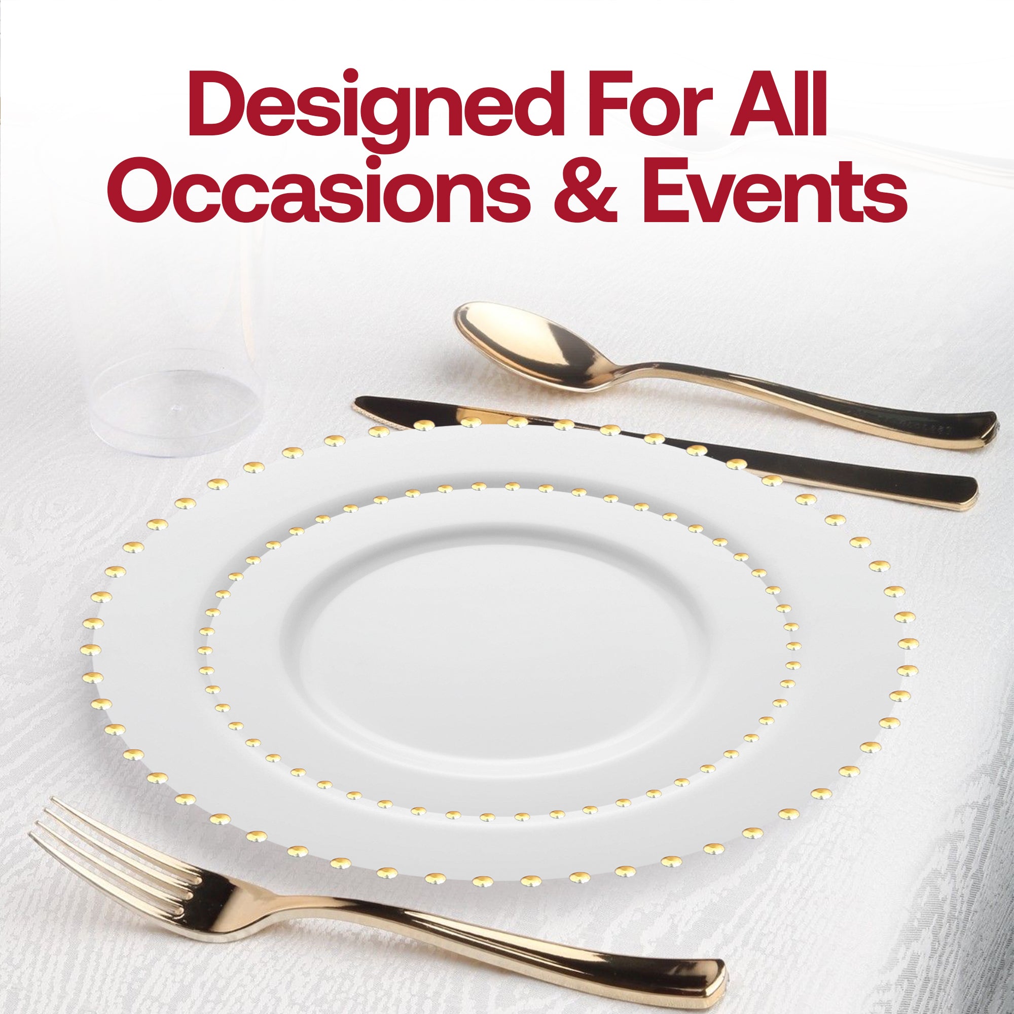 White with Gold Pearl String Round Disposable Plastic Wedding Value Set