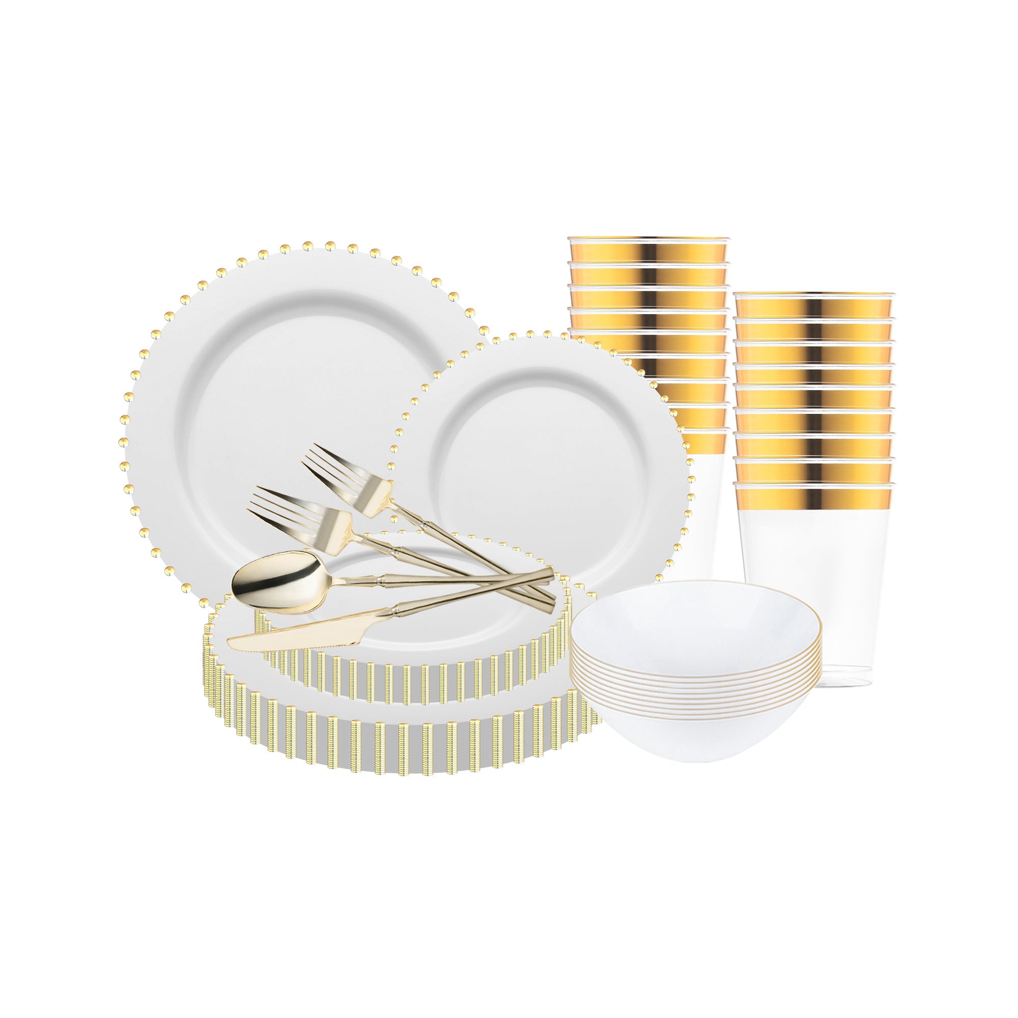 White with Gold Pearl String Round Disposable Plastic Tableware Set