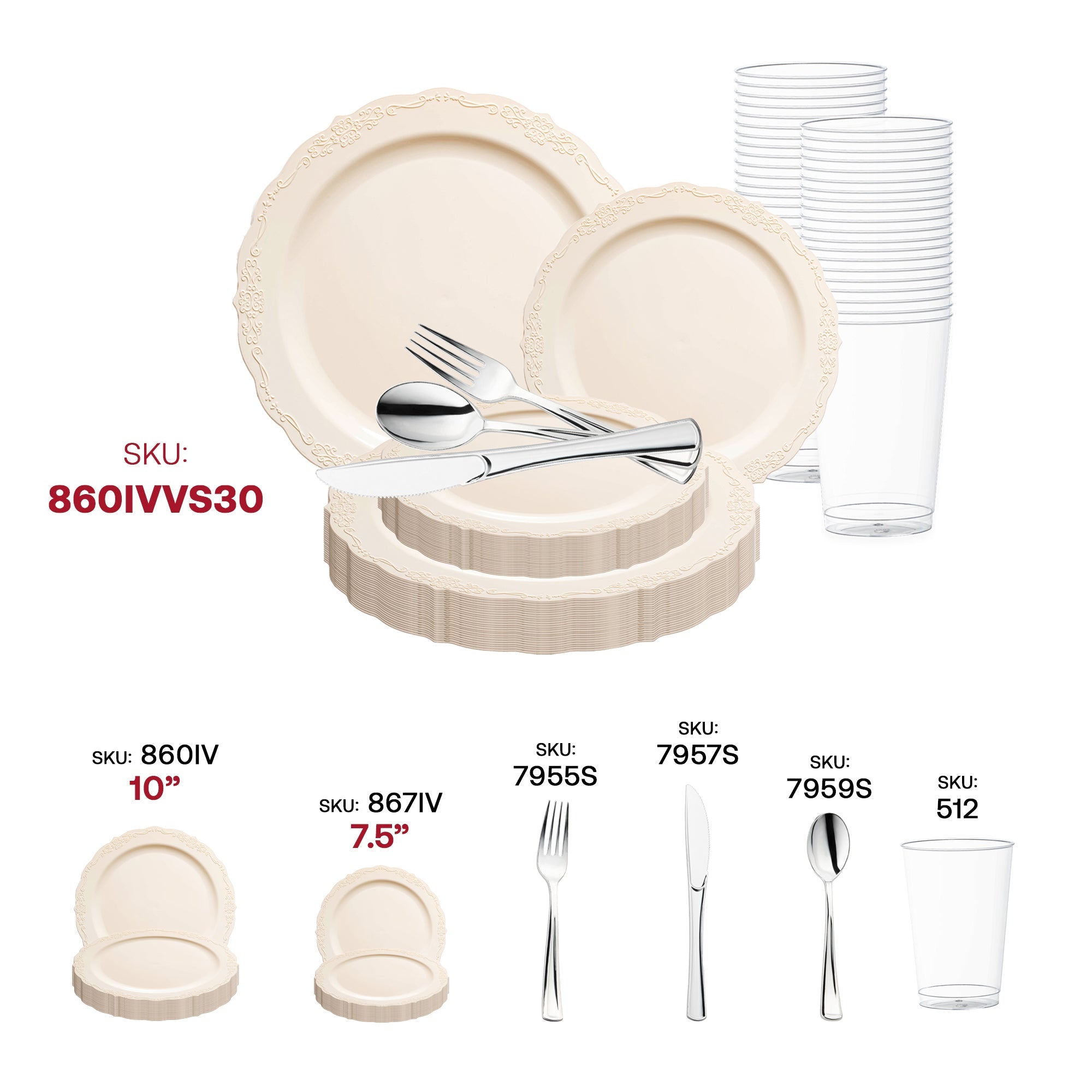 Ivory Vintage Round Disposable Plastic Wedding Value Set