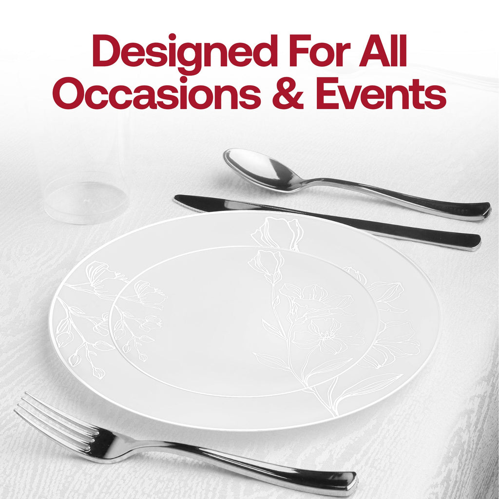 White with Silver Antique Floral Round Disposable Plastic Appetizer/Salad Plates (7.5")
