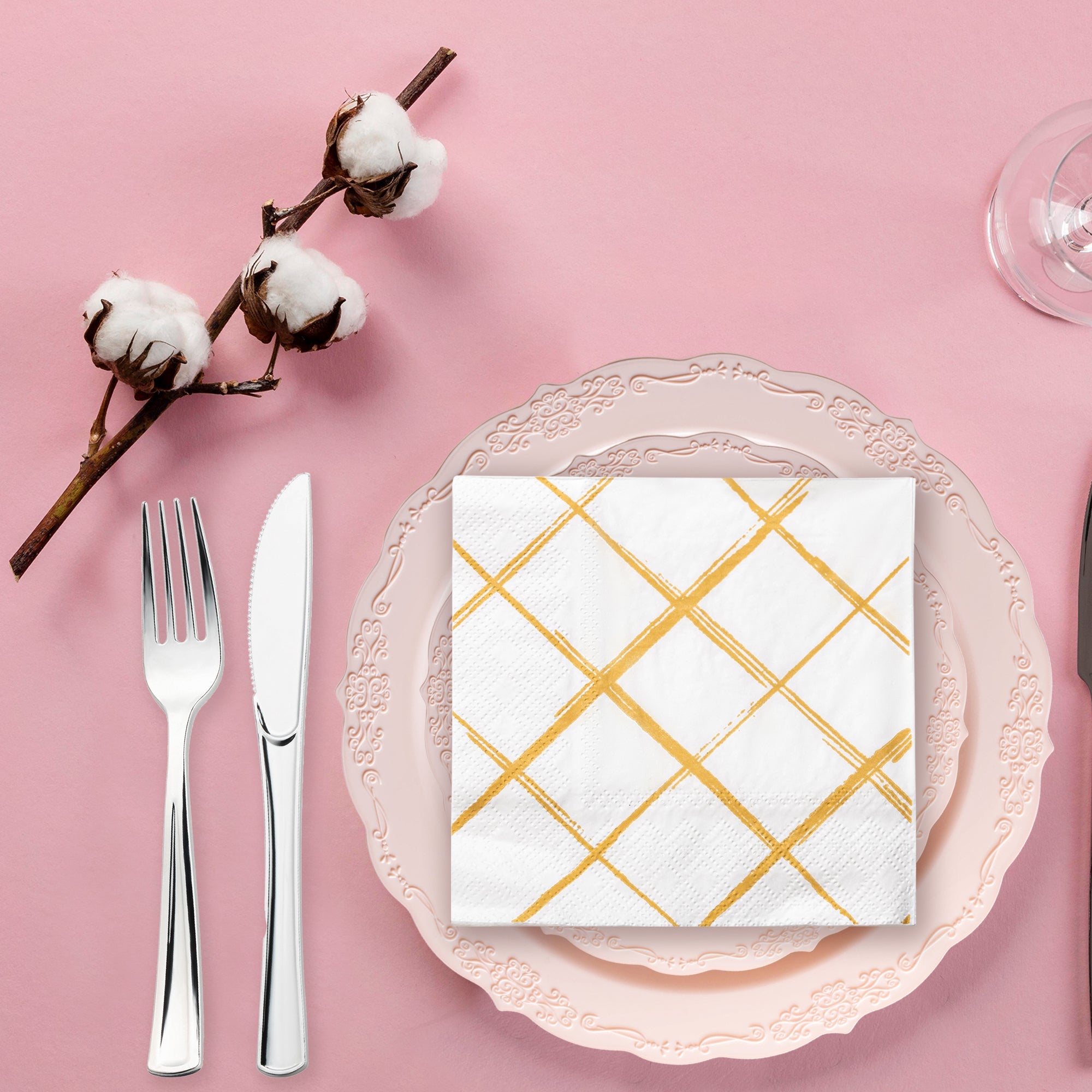 White with Gold Diamond Paper Beverage/Cocktail Napkins