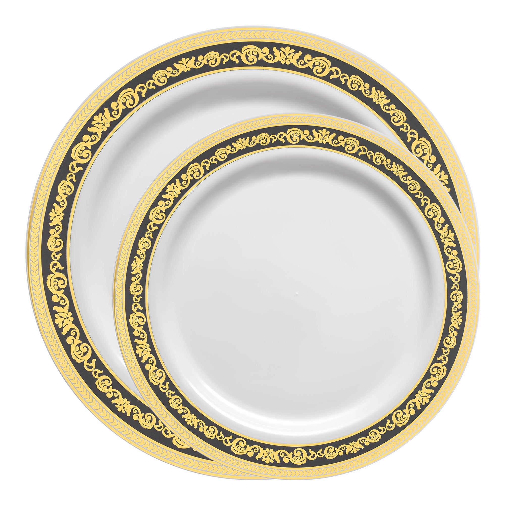 White with Black and Gold Royal Rim Plastic Dinnerware Value Set