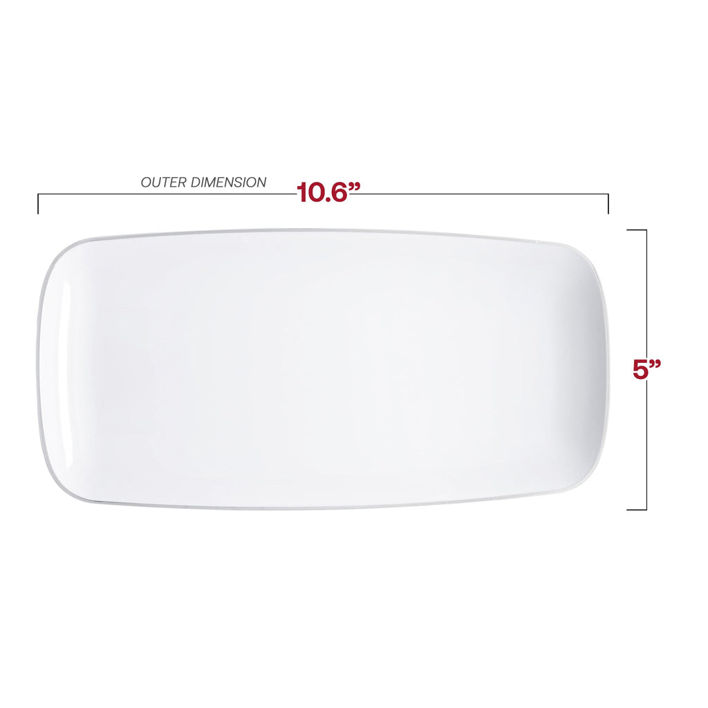 White with Silver Rim Flat Raised Edge Rectangular Disposable Plastic Plates (10.6" x 5")