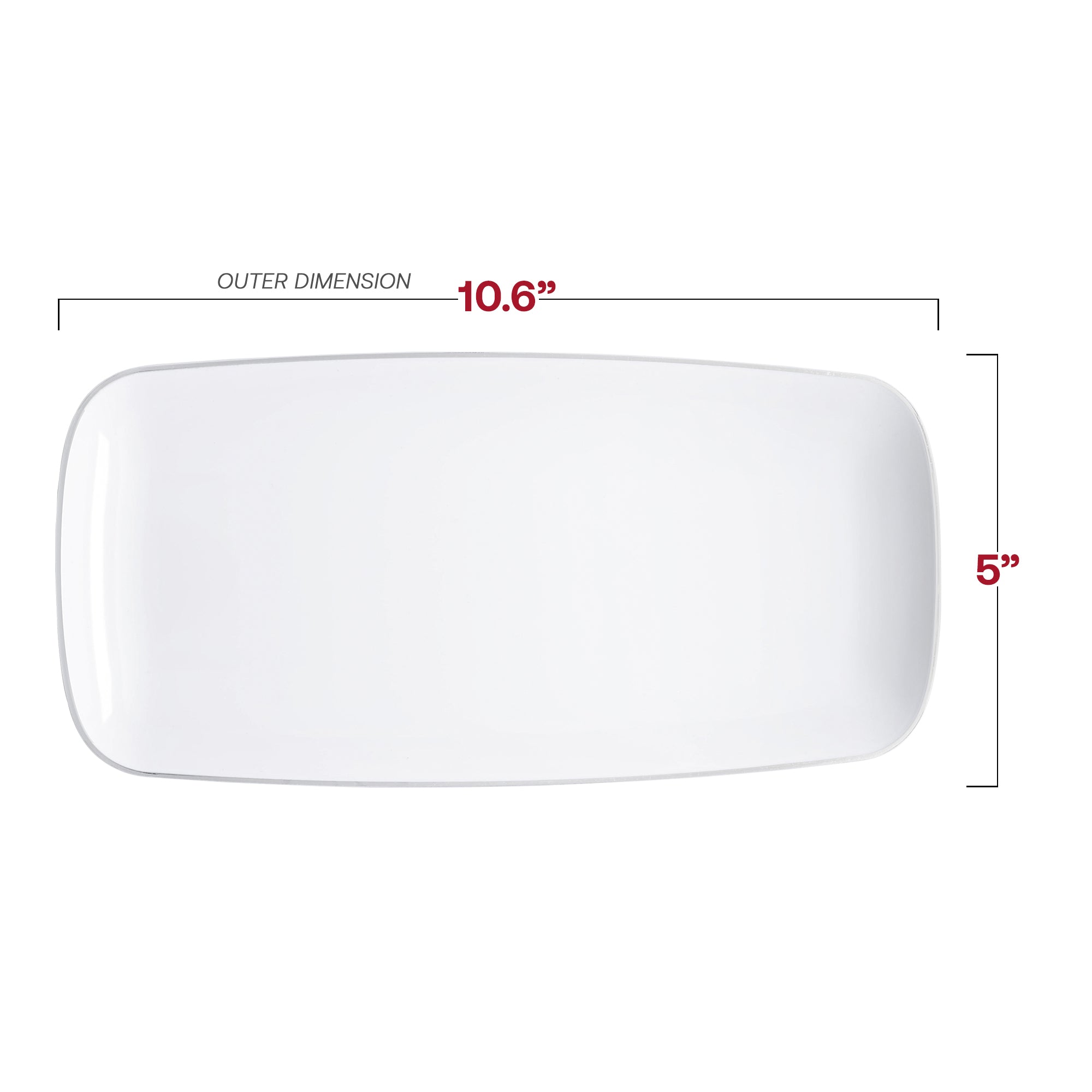 White with Silver Rim Flat Raised Edge Rectangular Disposable Plastic Plates (10.6" x 5")