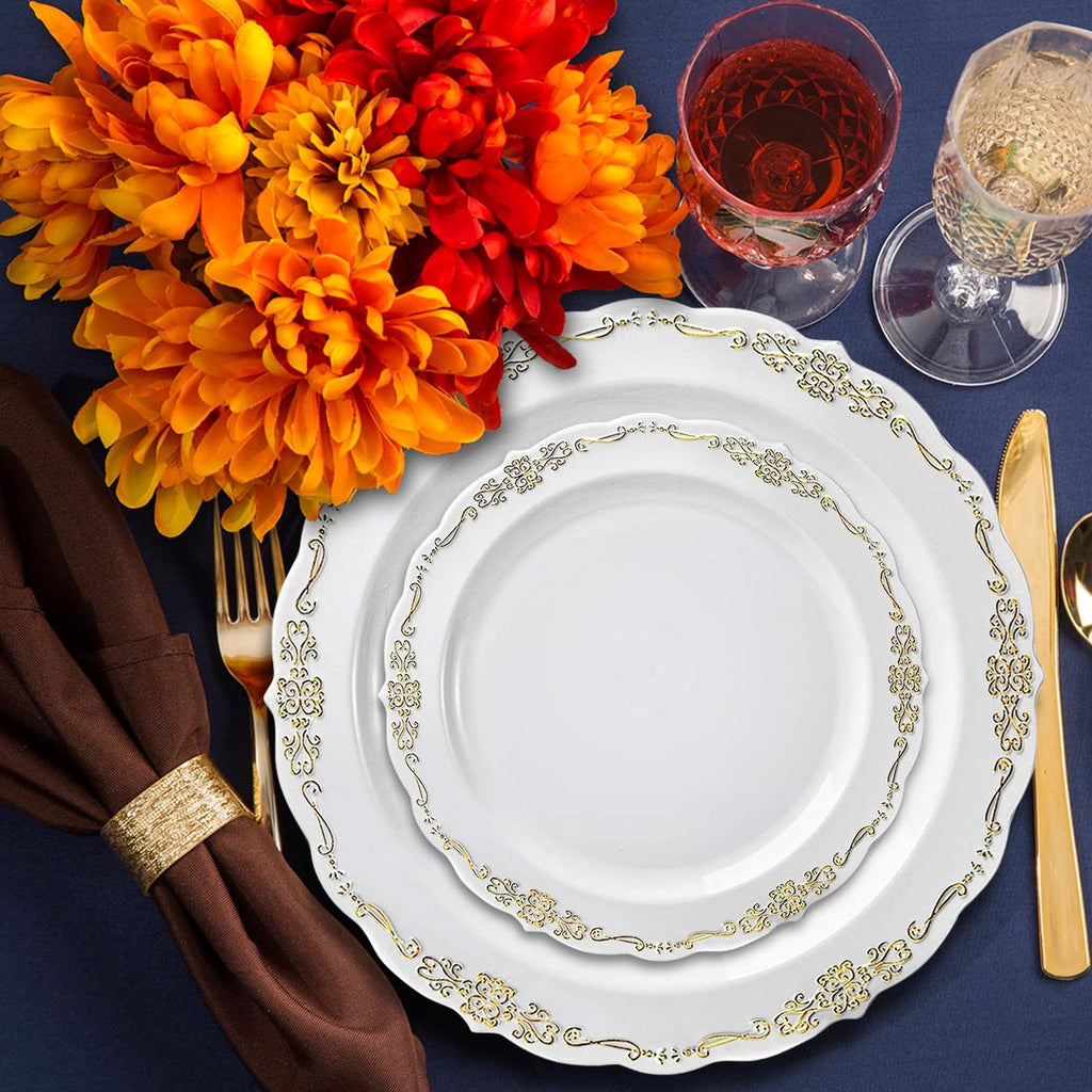 White with Gold Vintage Rim Round Disposable Plastic Dinner Plates (10")