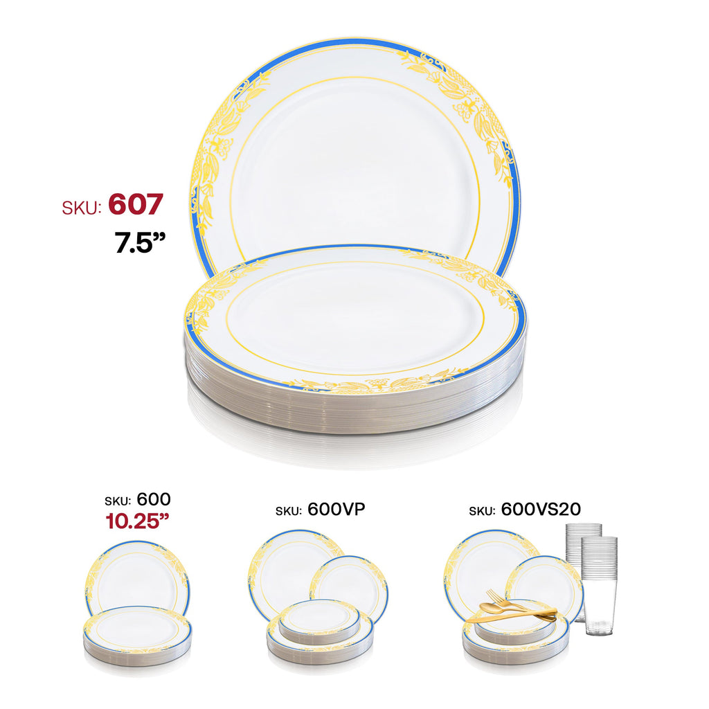 White with Blue and Gold Harmony Rim Plastic Appetizer/Salad Plates (7.5")