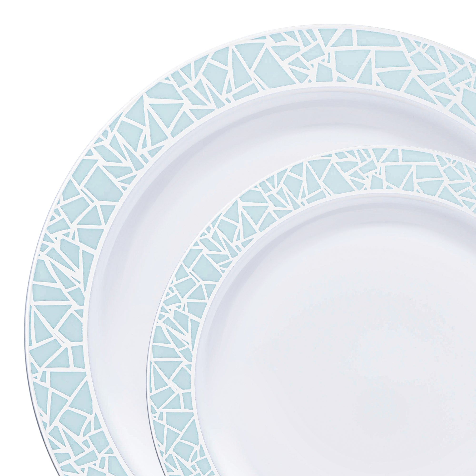 White with Turquoise Blue and Silver Mosaic Rim Round Plastic Dinnerware Value Set