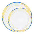 White with Blue and Gold Harmony Rim Plastic Dinnerware Value Set