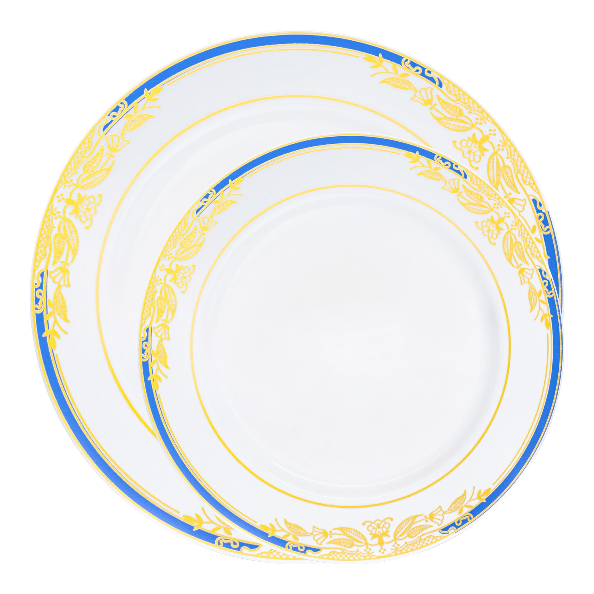 White with Blue and Gold Harmony Rim Plastic Dinnerware Value Set
