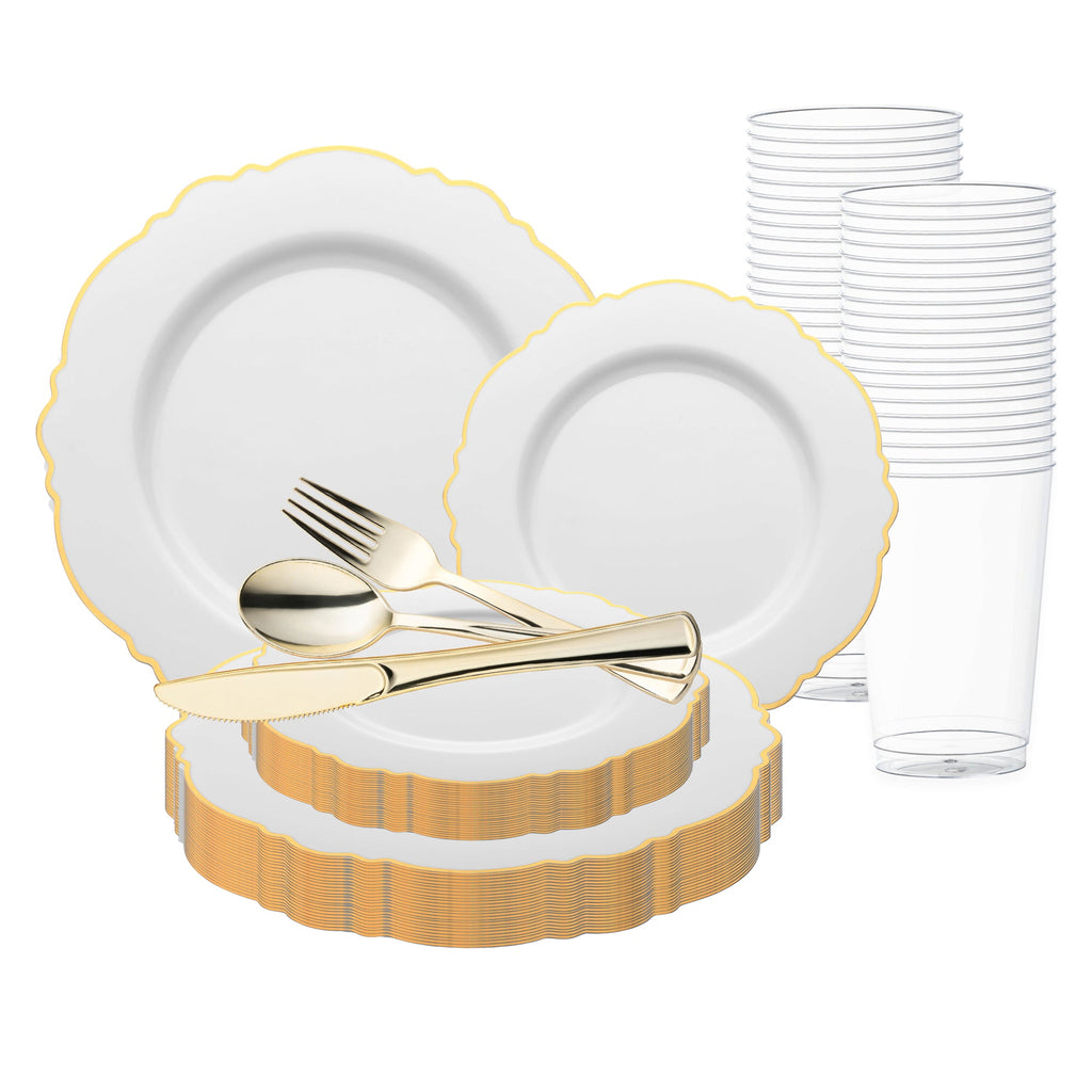 White with Gold Rim Round Blossom Disposable Plastic Wedding Value Set