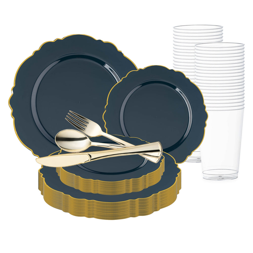 Navy with Gold Rim Round Blossom Disposable Plastic Wedding Value Set