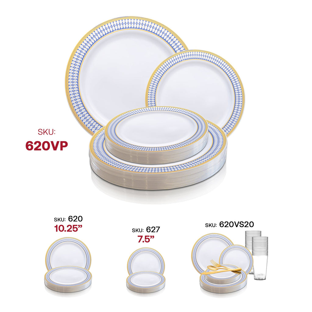 White with Blue and Gold Chord Rim Plastic Dinnerware Value Set