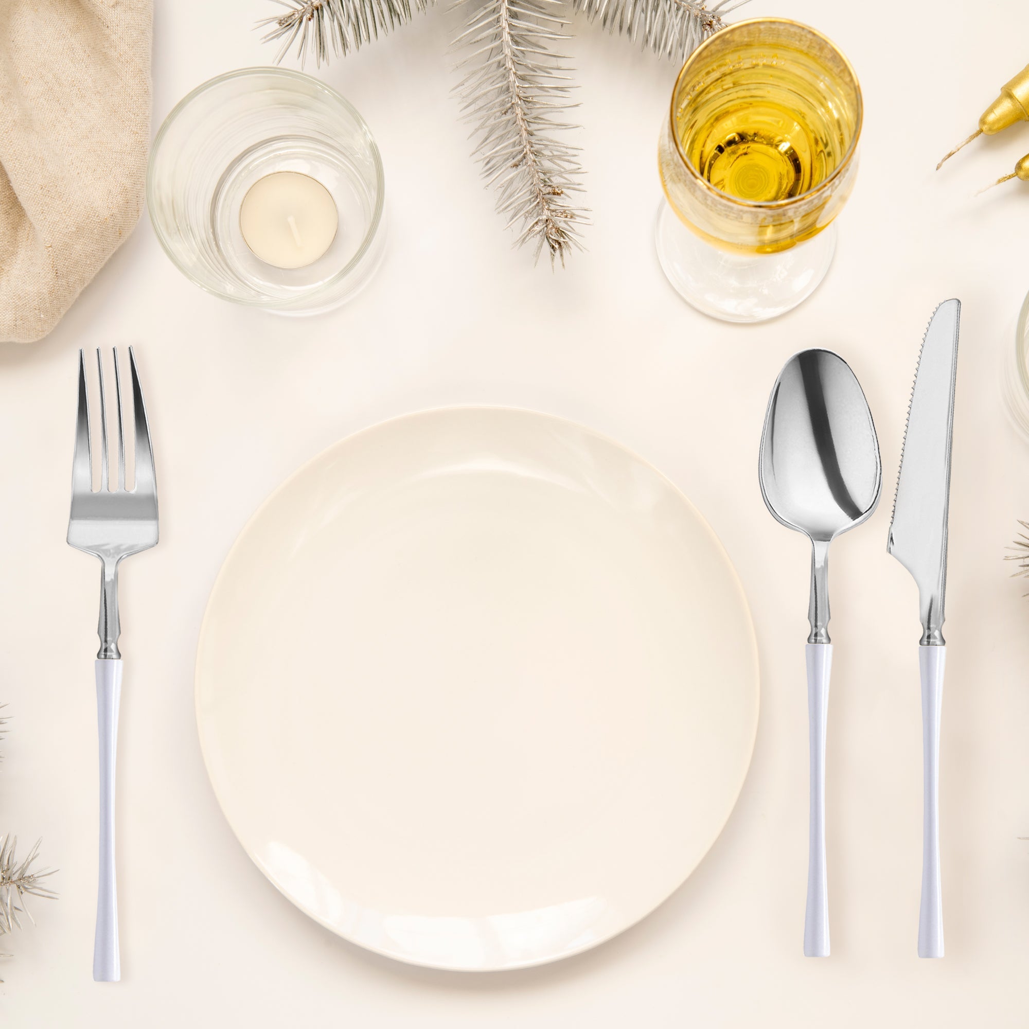 Silver with White Handle Moderno Disposable Plastic Cutlery Set - 20 Spoons, 20 Forks and 20 Knives