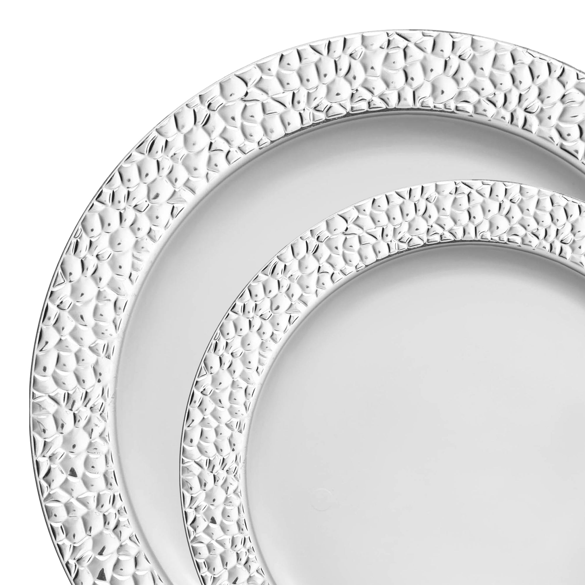 White with Silver Hammered Rim Plastic Dinnerware Value Set