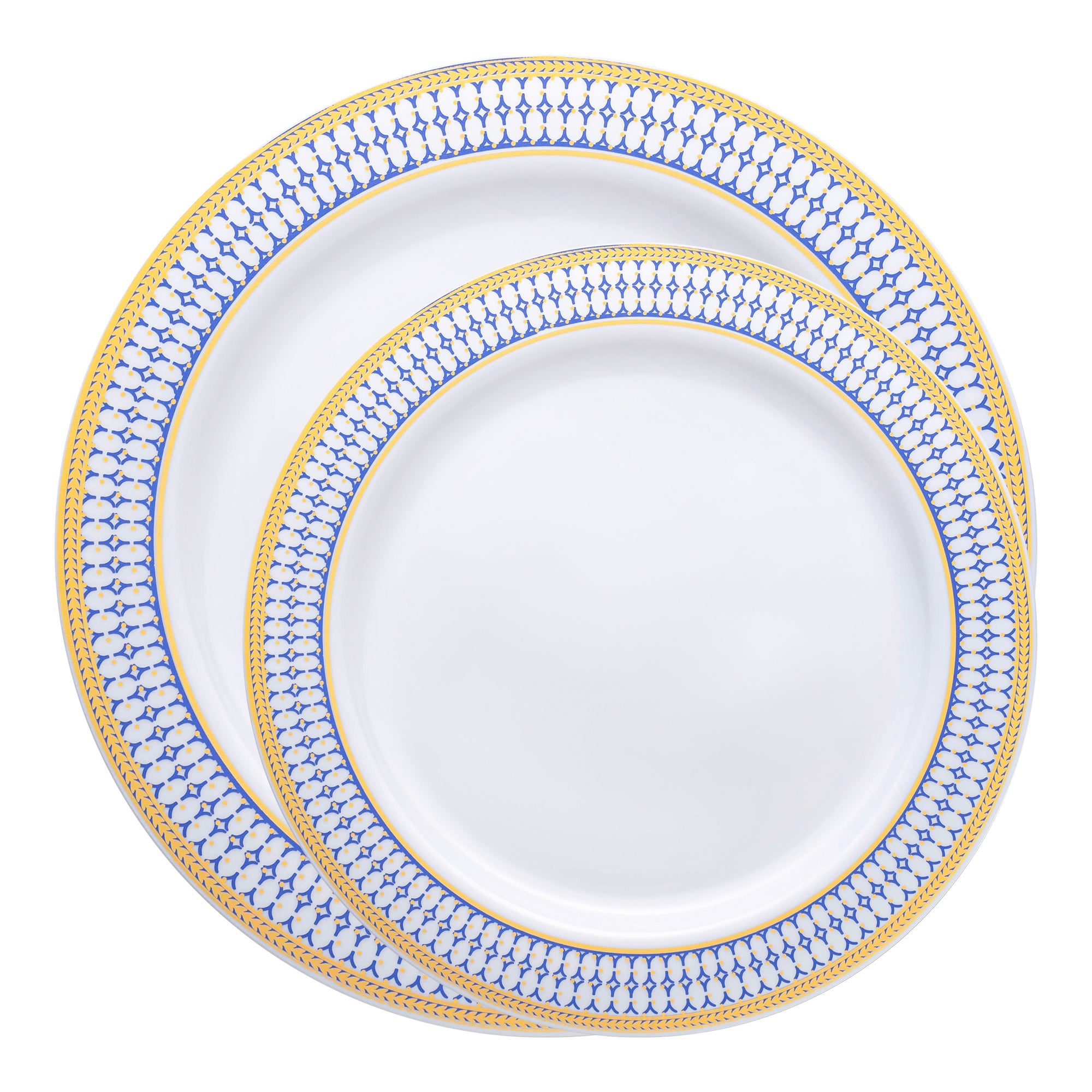 White with Blue and Gold Chord Rim Plastic Dinnerware Value Set