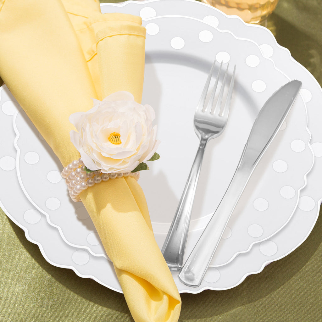 White with Silver Dots Round Blossom Disposable Plastic Wedding Value Set