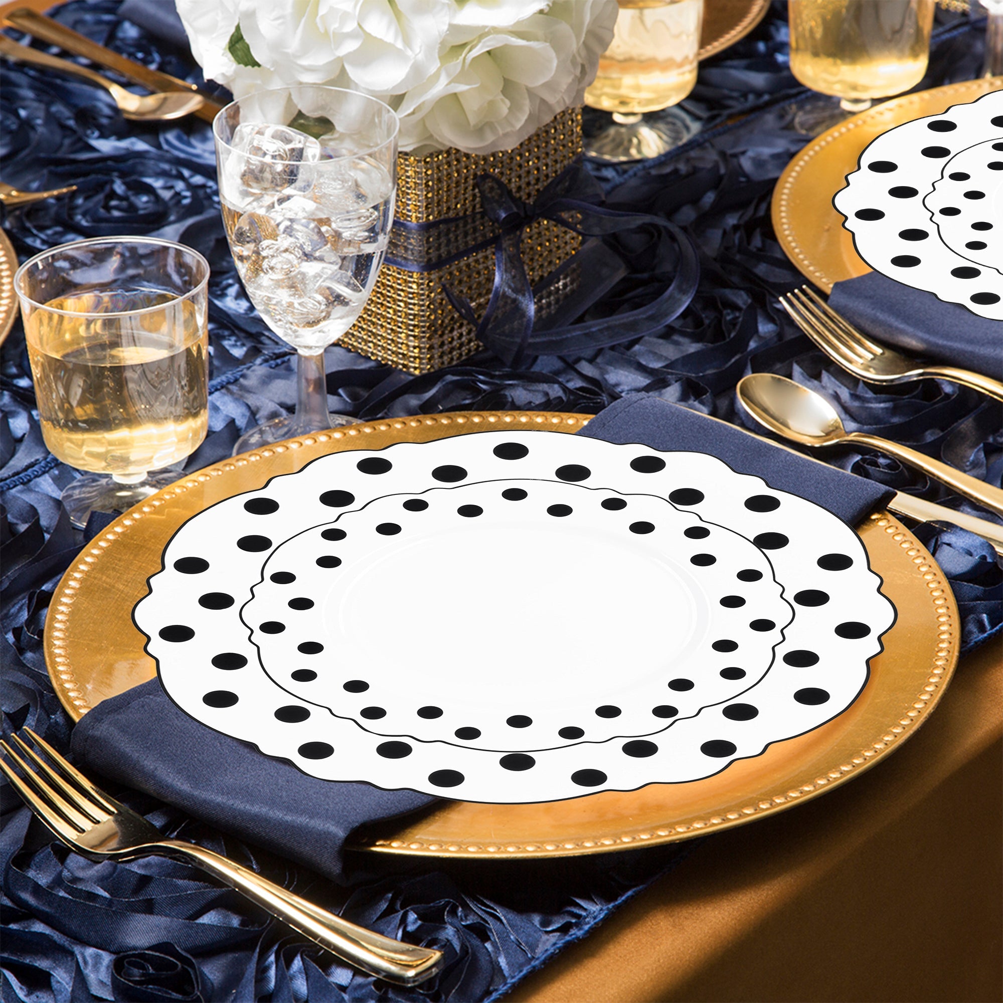 White with Black Dots Round Blossom Disposable Plastic Wedding Value Set