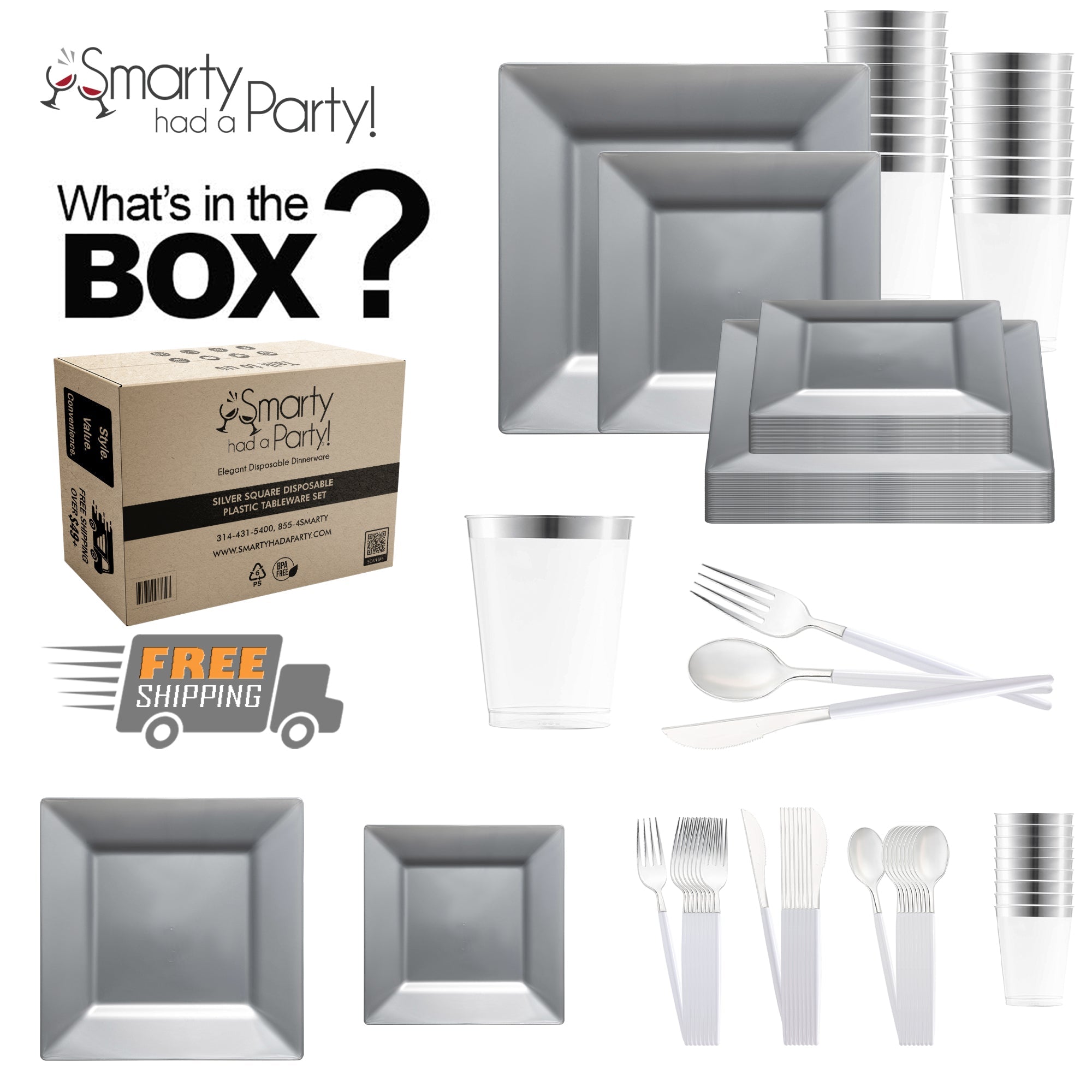 Silver Square Disposable Plastic Tableware Set