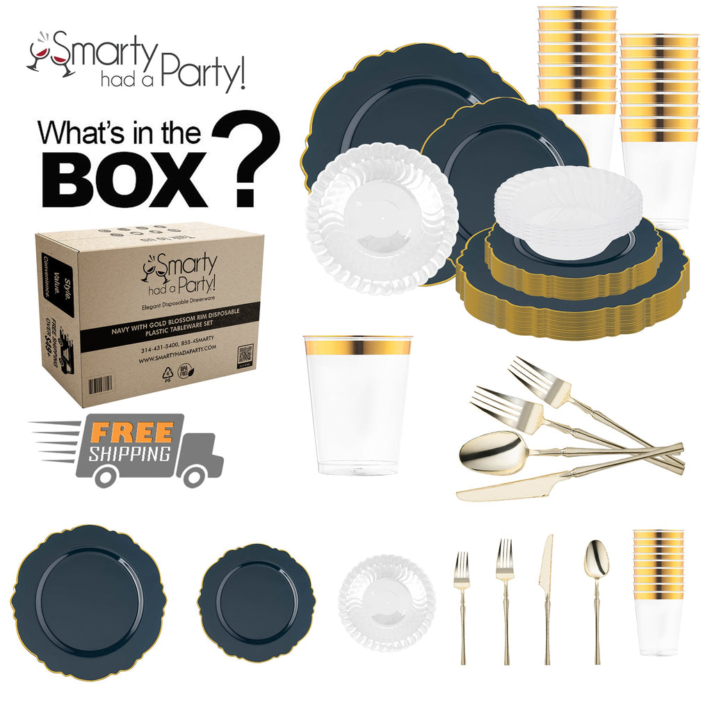 Navy with Gold Blossom Rim Disposable Plastic Tableware Set
