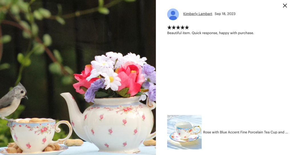 Rose with Blue Accent Fine Porcelain Tea Cup and Saucer