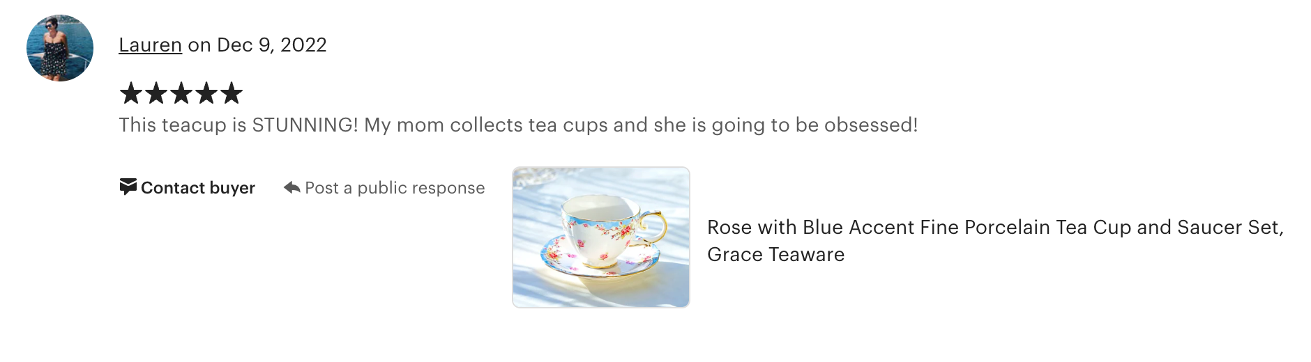 Rose with Blue Accent Fine Porcelain Tea Cup and Saucer