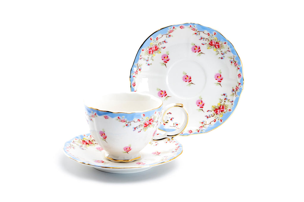 Rose with Blue Accent Fine Porcelain Tea Cup and Saucer