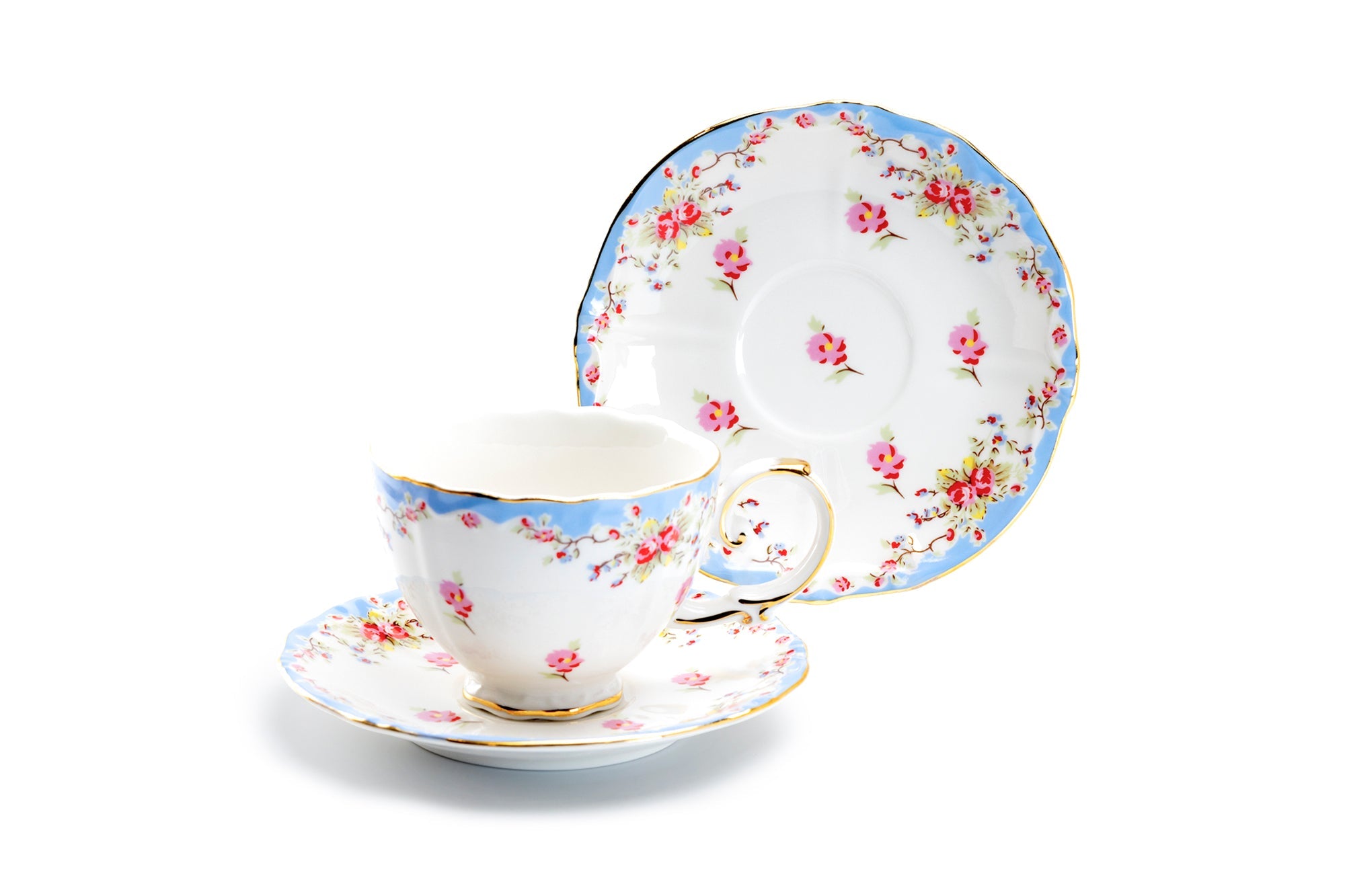 Rose with Blue Accent Fine Porcelain Tea Cup and Saucer
