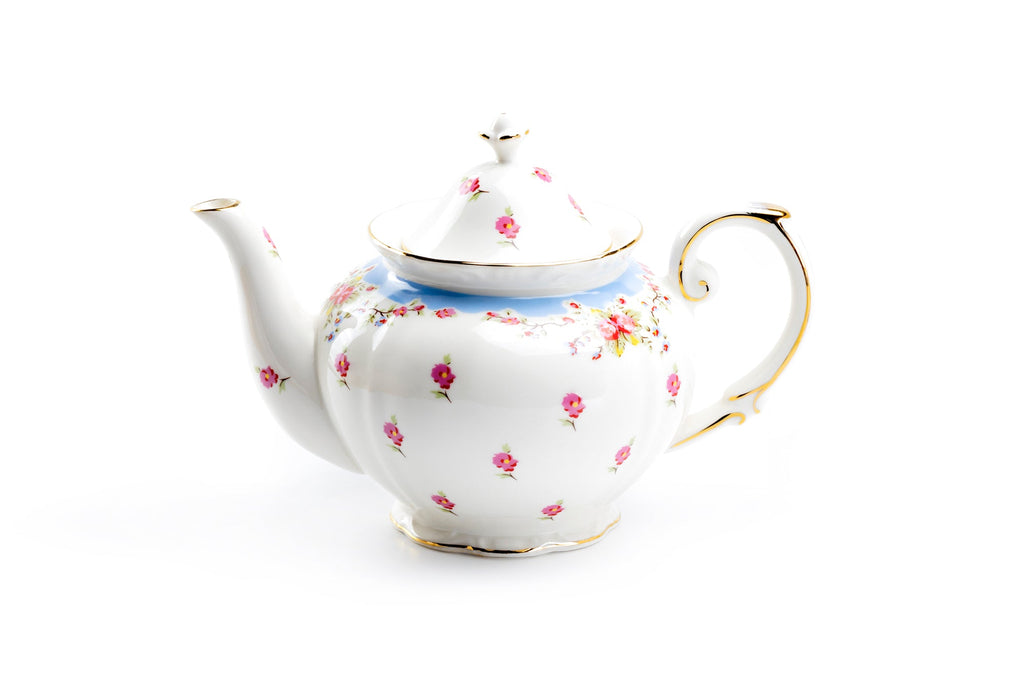 Rose with Blue Accent Fine Porcelain Teapot