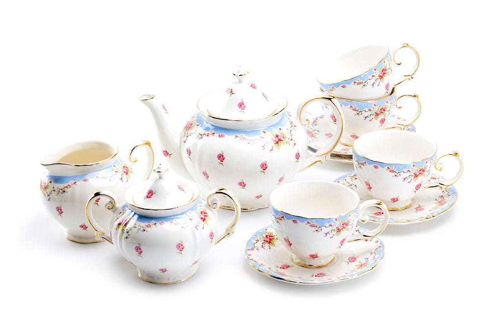 Rose with Blue Accent Fine Porcelain 11-Piece Tea Set