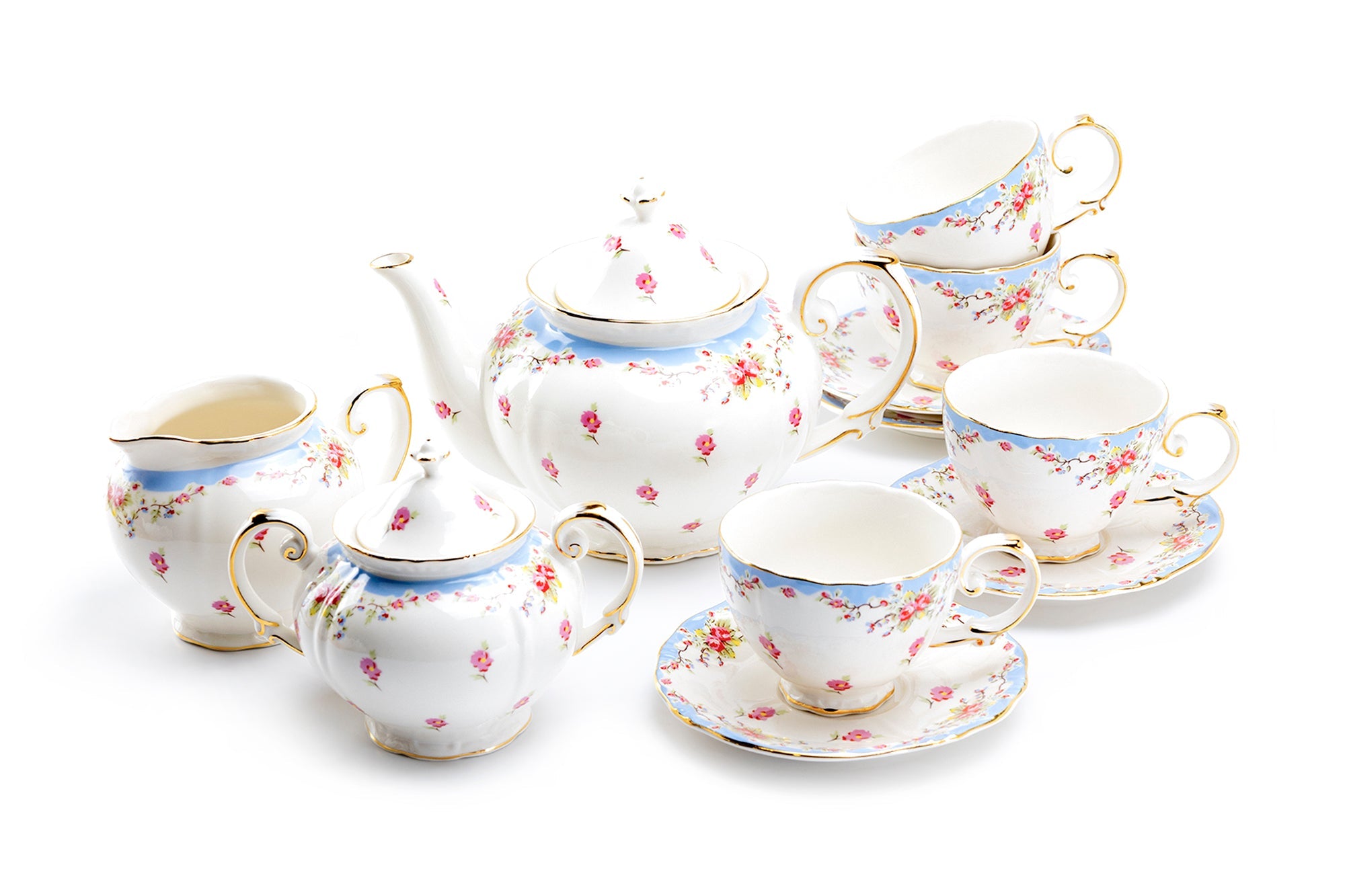 Rose with Blue Accent Fine Porcelain 11-Piece Tea Set
