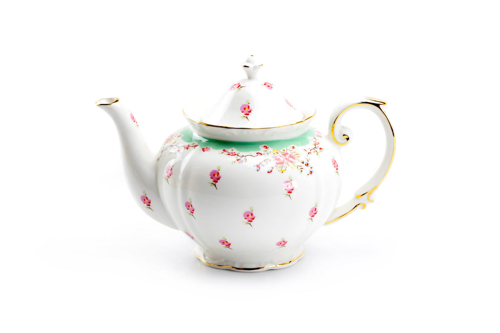 Rose with Green Accent Fine Porcelain Teapot