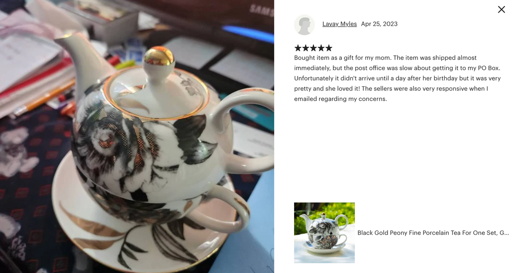 Black Gold Peony Fine Porcelain Tea For One Set