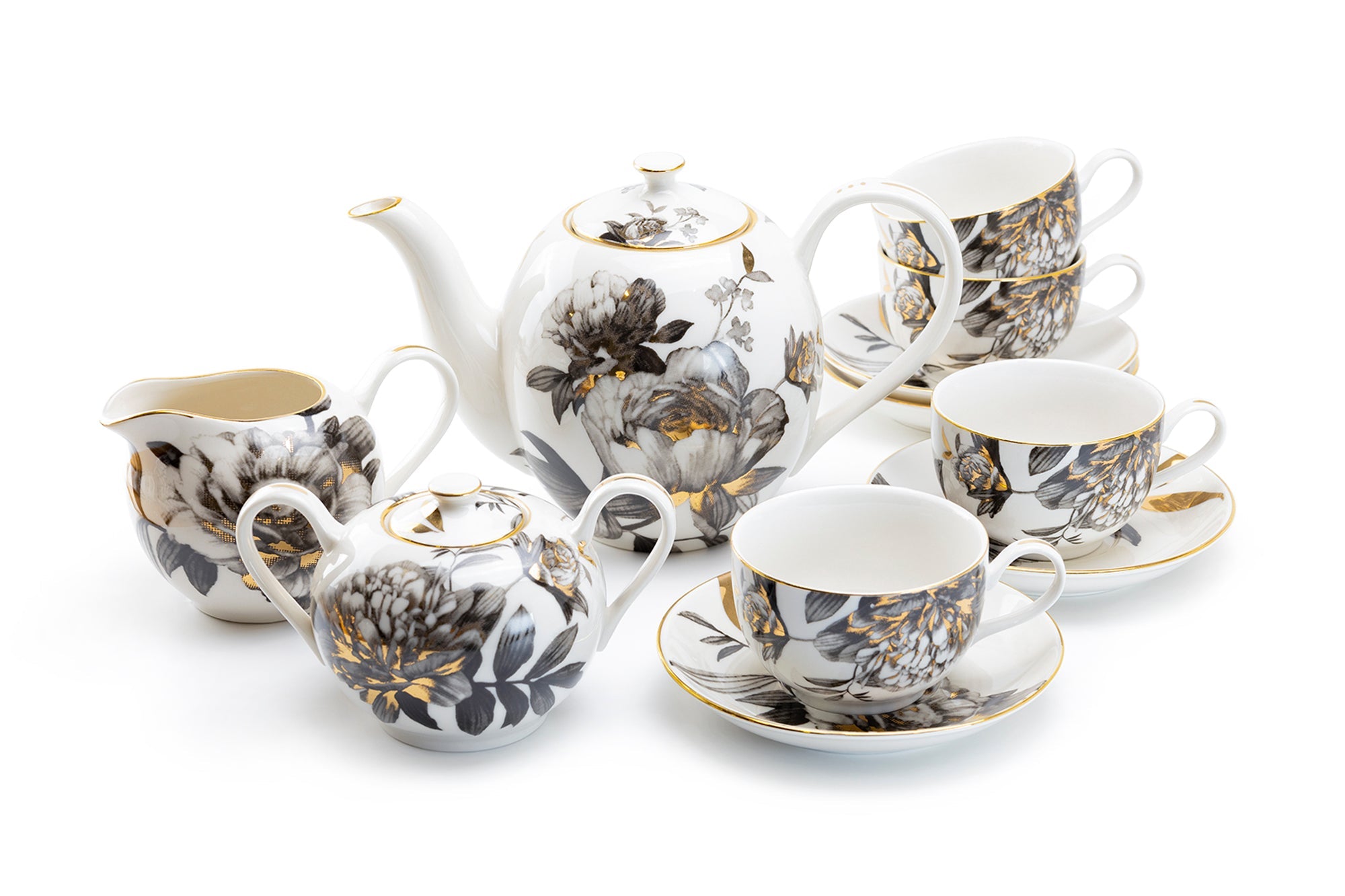 Black Gold Peony Fine Porcelain Tea Set