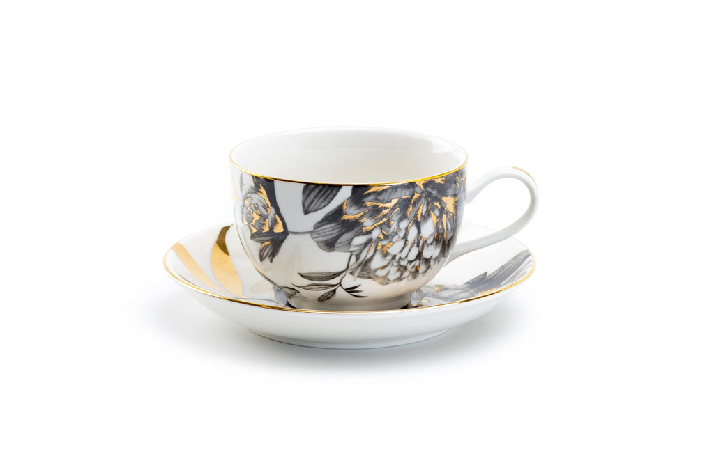 Black Gold Peony Fine Porcelain Tea Cup and Saucer