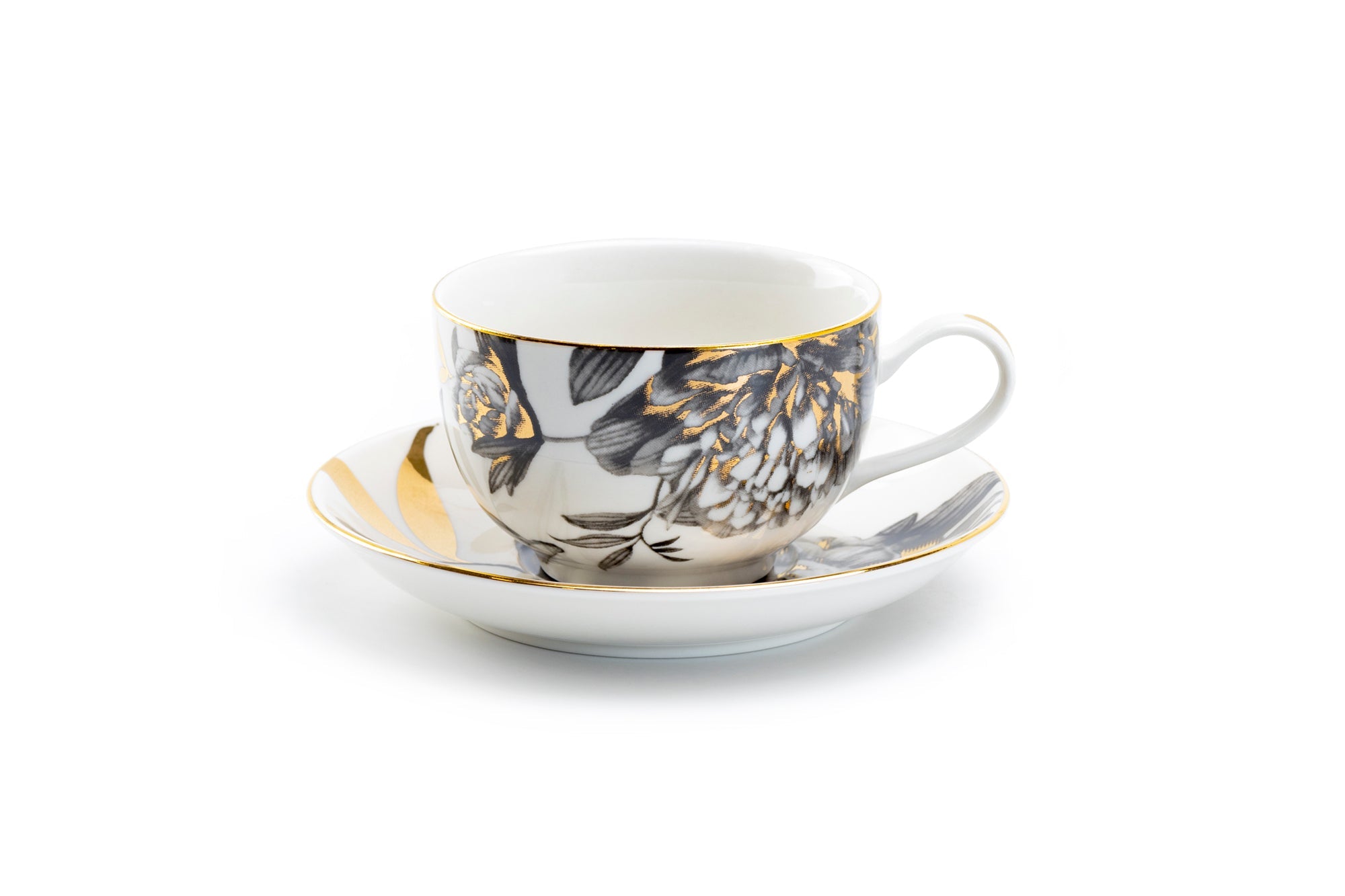 Black Gold Peony Fine Porcelain Tea Cup and Saucer