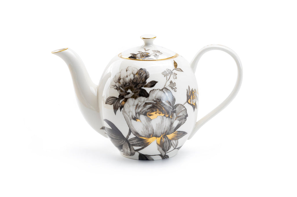 Black Gold Peony Fine Porcelain Teapot - CLEARANCE