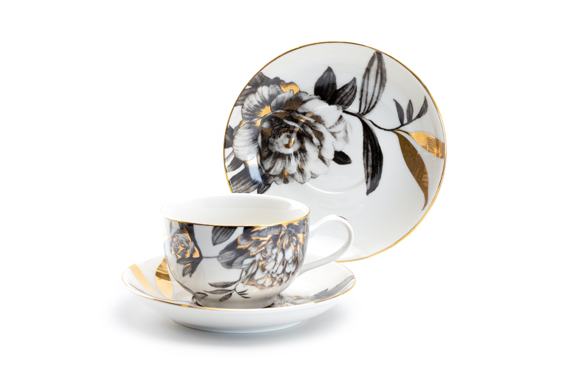 Black Gold Peony Fine Porcelain Tea Cup and Saucer