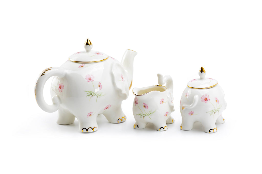 Pink Flower Elephant Fine Porcelain Tea Set