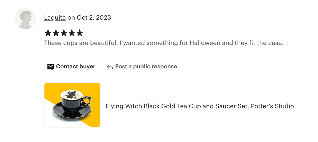 Flying Witch Black Gold Tea Cup and Saucer