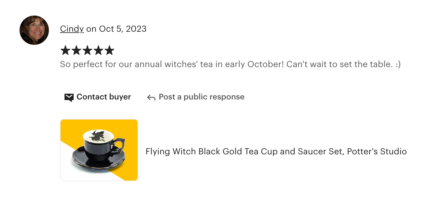 Flying Witch Black Gold Tea Cup and Saucer