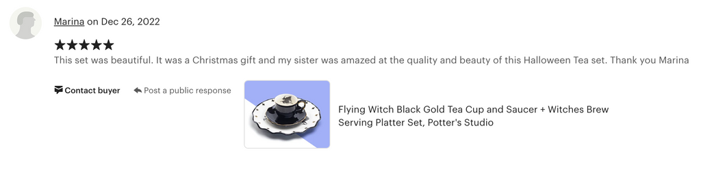 Flying Witch Black Gold Tea Cup and Saucer + Witches Brew Serving Platter Set