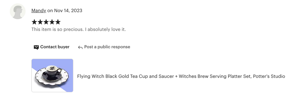 Flying Witch Black Gold Tea Cup and Saucer + Witches Brew Serving Platter Set