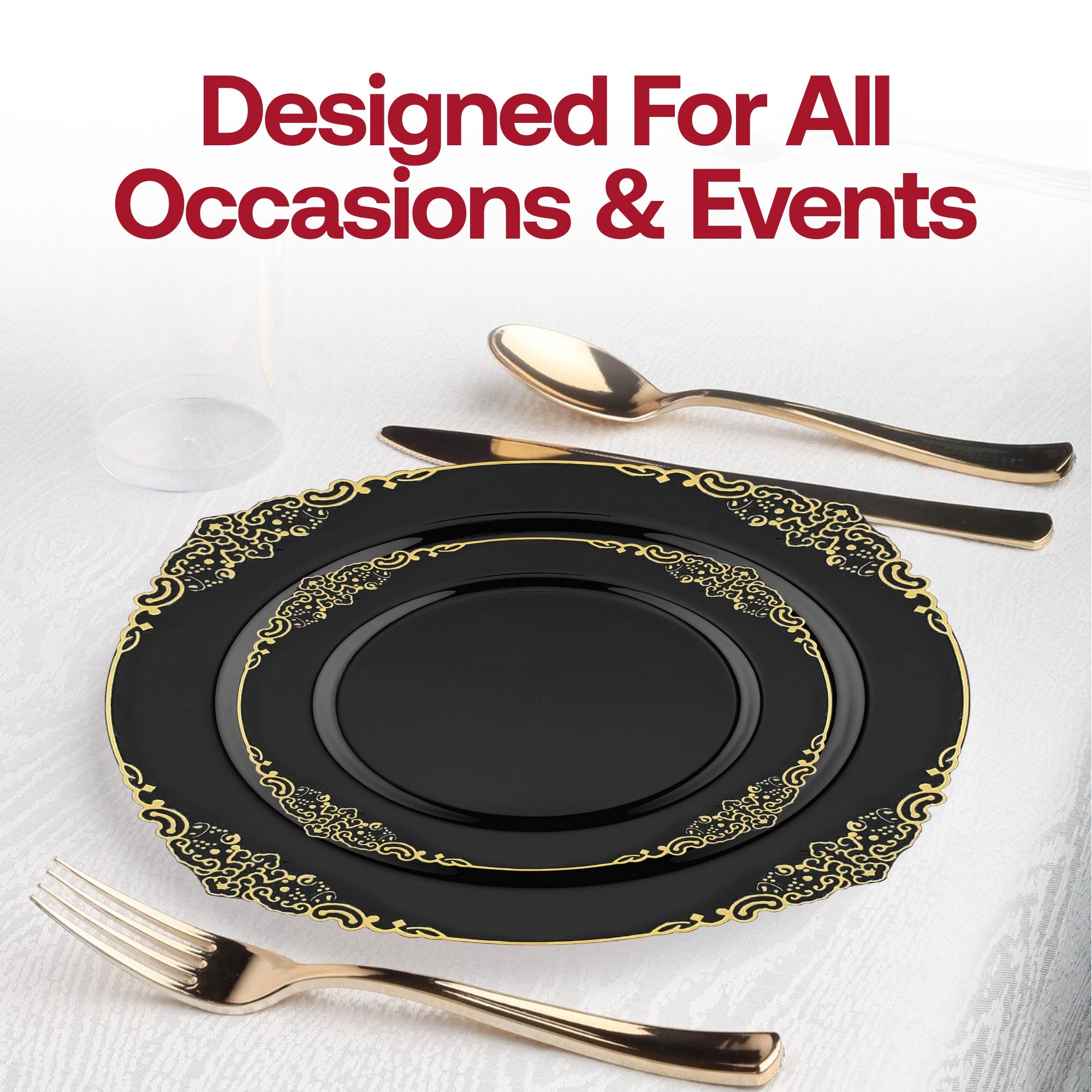 Black with Gold Fancy Round Disposable Plastic Salad Plates (7.5”)